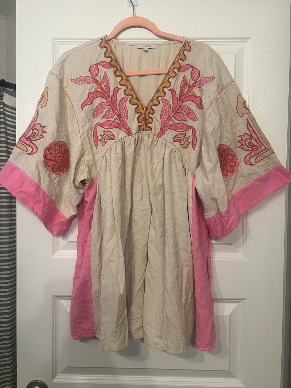 Free People Inspired Embroidered Boho Tunic Top - Pink & Cream